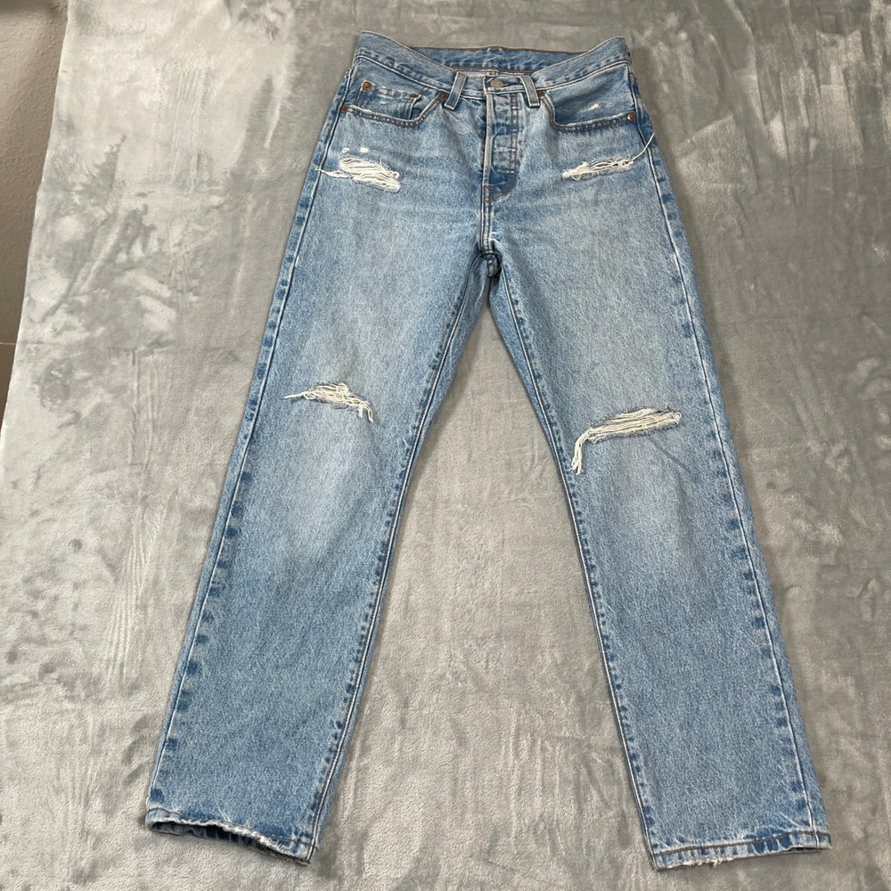 Levis 501 Original Fit Distressed Light Wash Jeans W26 L28 Straight Leg Denim